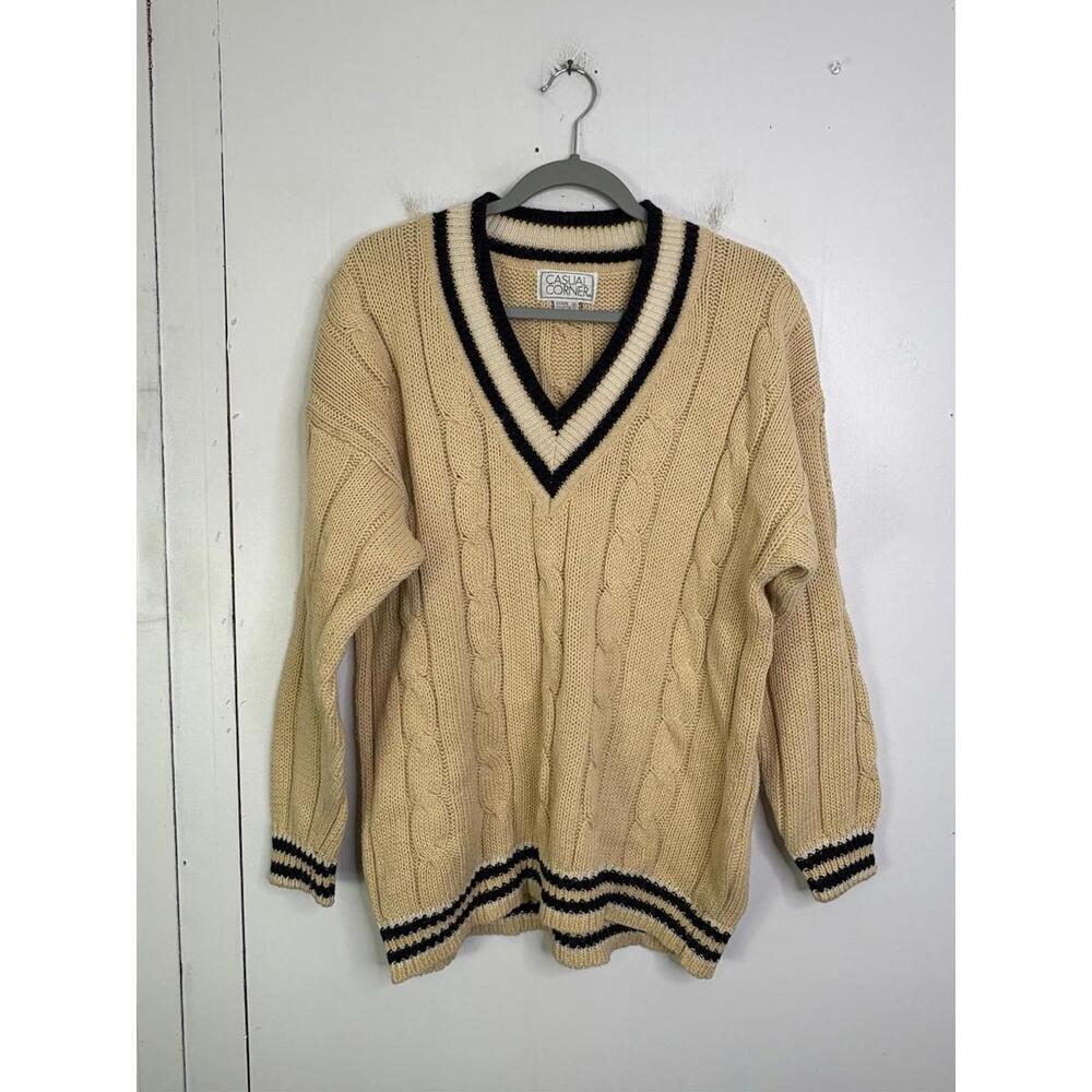 Vintage Sweater Womens M Cableknit V Neck Cream Navy Preppy Old Money Academia